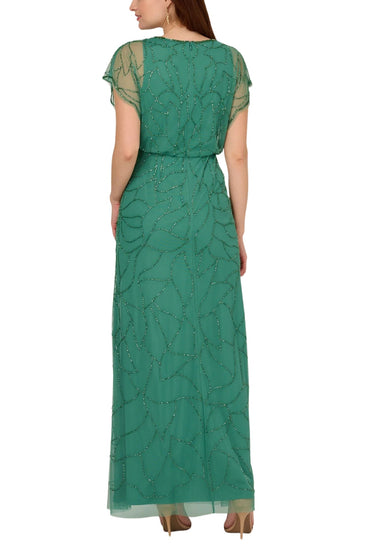 Adrianna Papell V-Neck Beaded Blouson Mermaid Gown with Short Sleeves (Plus Size)-1