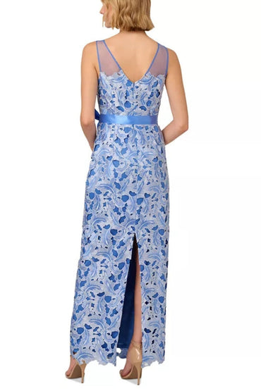 Adrianna Papell Boat Neckline Sleeveless Ribbon Tie Tonal Lace Sheath Silhouette Dress-1