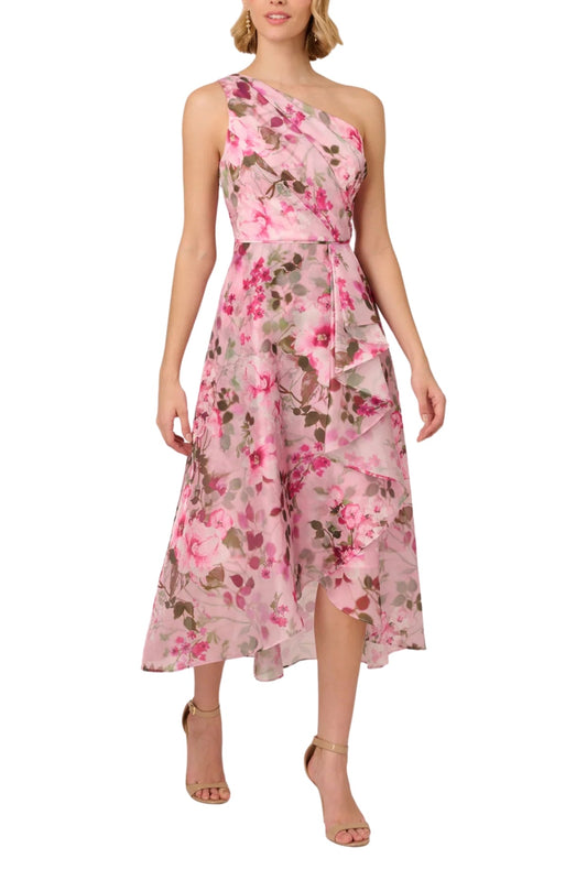 Adrianna Papell Floral Organza One Shoulder Sleeveless Hi-Lo Ruffle Hem Midi Dress-0