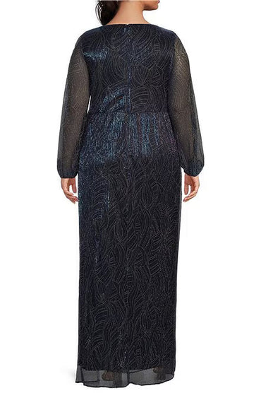 Adrianna Papell Metallic Mesh Surplice V-Neck Long Sleeve A-Line Dress ( Plus Size )-1