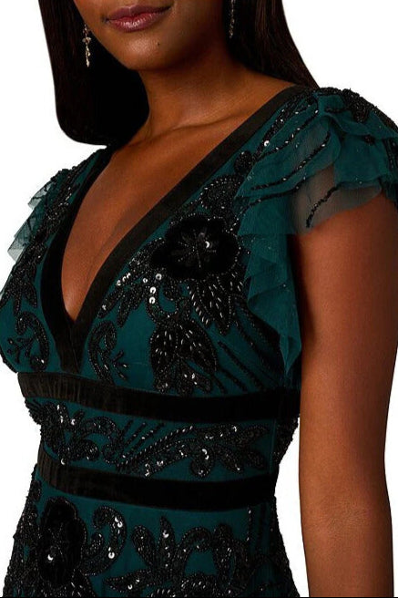 Adrianna Papell V-Neck Velvet Trim Beaded Mesh Midi and Back V-Neck Dress-2