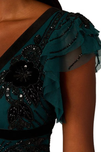 Adrianna Papell V-Neck Velvet Trim Beaded Mesh Midi and Back V-Neck Dress-3
