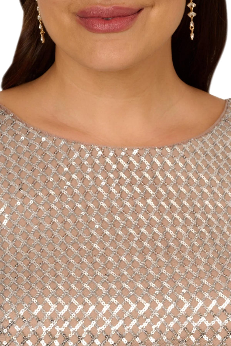 Adrianna Papell Sequin Short Sleeve With Embellished Waist In Silver Column Gown (Plus Size)-2