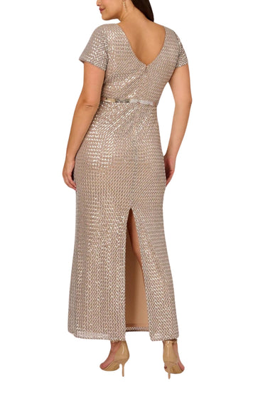 Adrianna Papell Sequin Short Sleeve With Embellished Waist In Silver Column Gown (Plus Size)-1