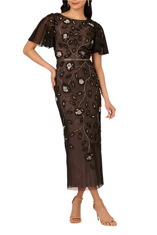 Adrianna Papell Beaded Knit Mesh Sequin Column Waist With Belt-Style Beading Dress-0