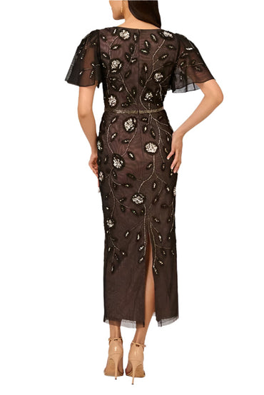 Adrianna Papell Beaded Knit Mesh Sequin Column Waist With Belt-Style Beading Dress-1