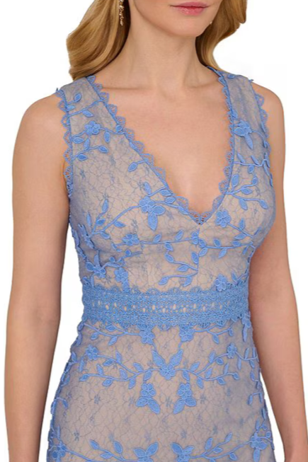 Adrianna Papell Embroidered Lace V-Neckline Sleeveless Sheath Gown Dress-2