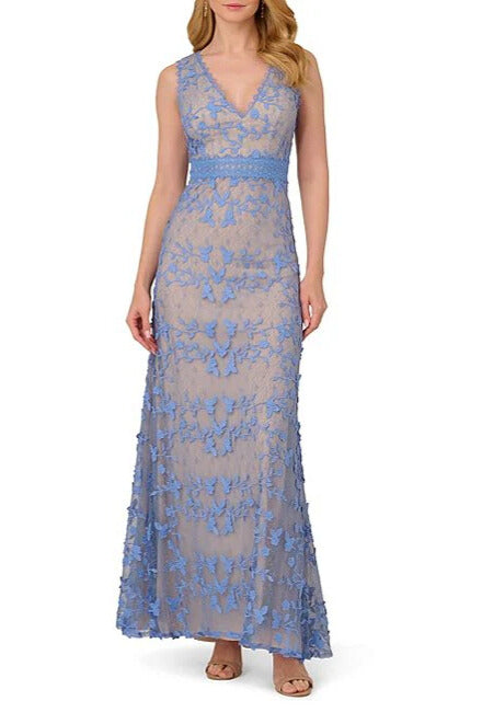 Adrianna Papell Embroidered Lace V-Neckline Sleeveless Sheath Gown Dress-0