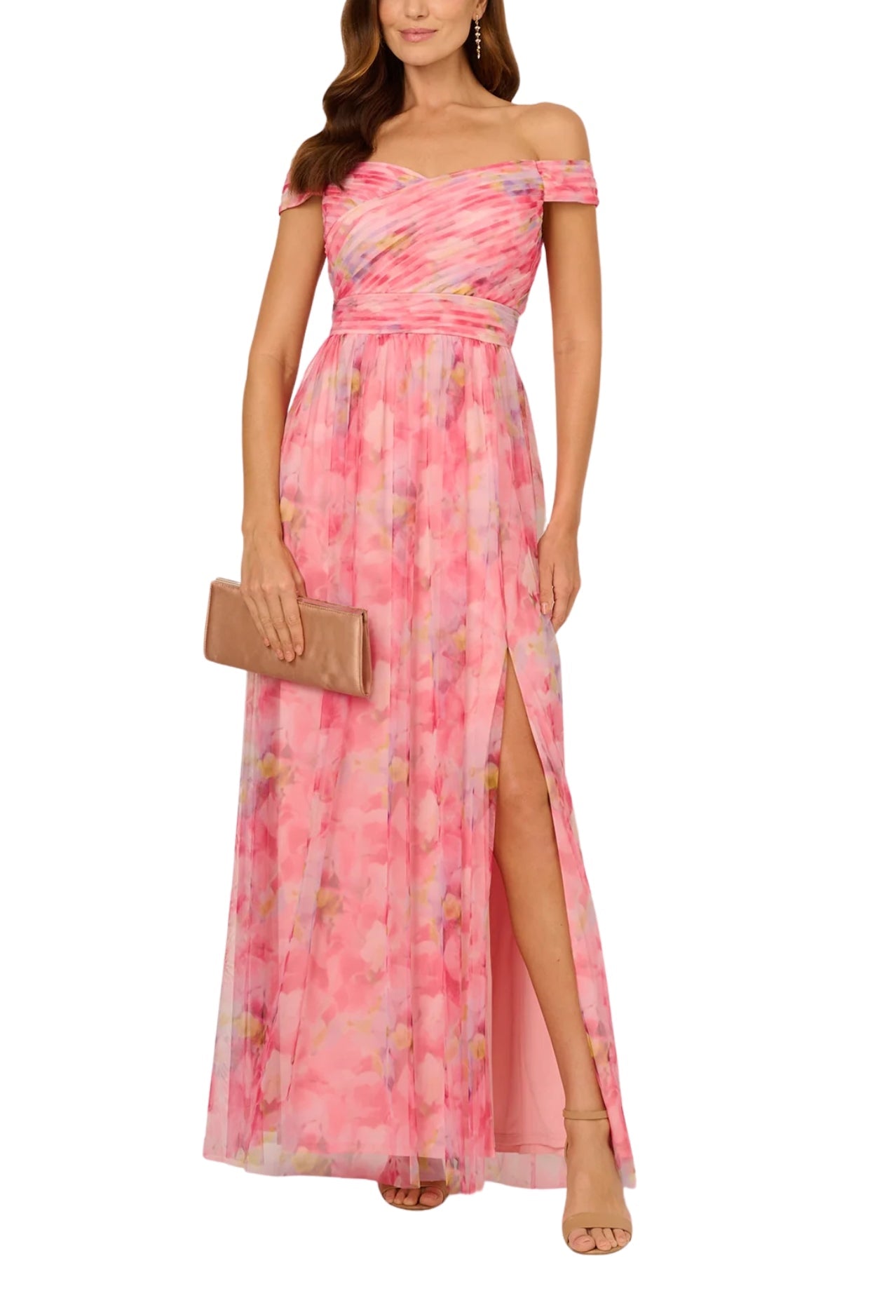 Adrianna Papell Floral Print Tulle Off-The-Shoulder A-Line Dress-1