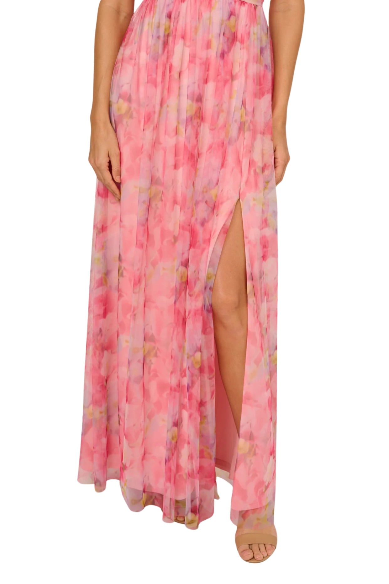 Adrianna Papell Floral Print Tulle Off-The-Shoulder A-Line Dress-3