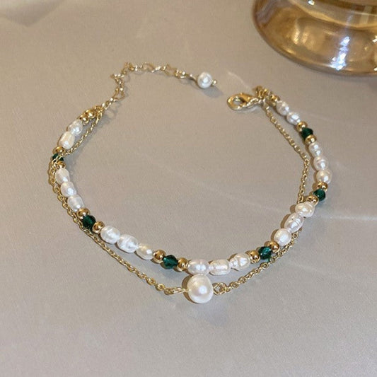 Designer Handmade Genuine White Freshwater Pearl & Simulated Emerald Bracelet in Gold-0