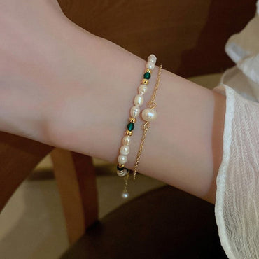 Designer Handmade Genuine White Freshwater Pearl & Simulated Emerald Bracelet in Gold-1