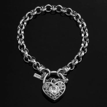 925 Sterling Silver Plated 6mm Belcher Chain Bracelet with a Filigree Clear Locket - USA Made-1