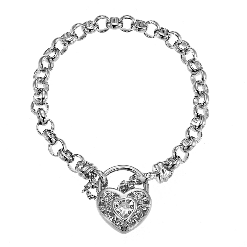 925 Sterling Silver Plated 6mm Belcher Chain Bracelet with a Filigree Clear Locket - USA Made-0