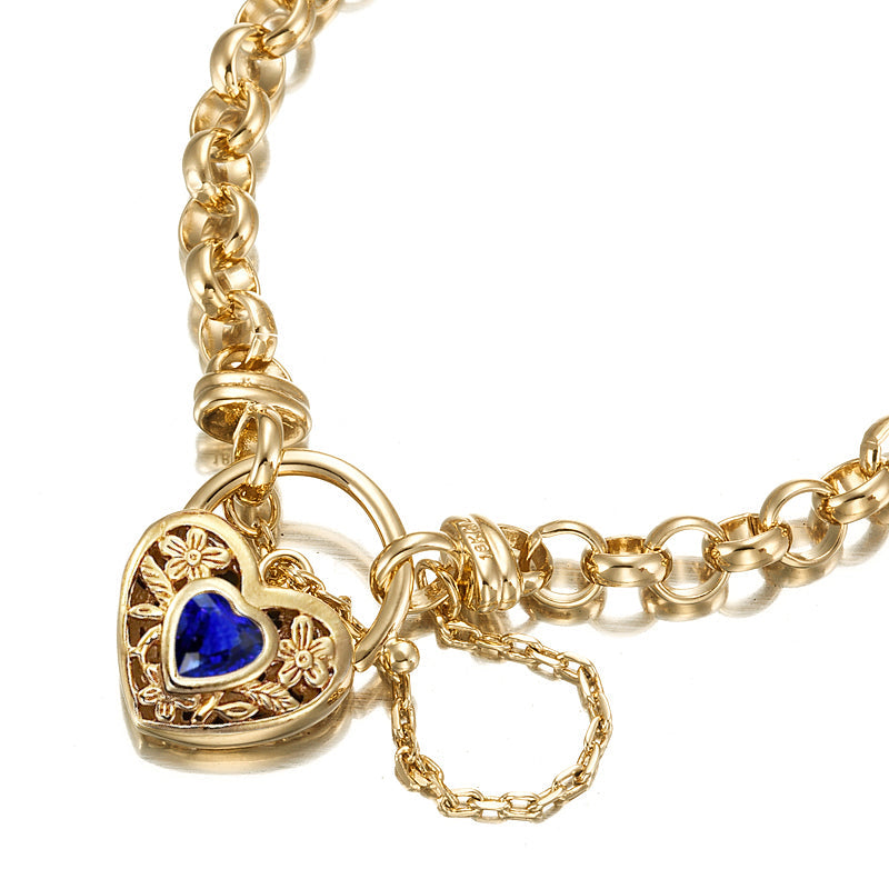 18ct Heavy Yellow Gold Plated 6mm Belcher Chain Bracelet with a Dark Blue Filigree Locket - USA Made-1