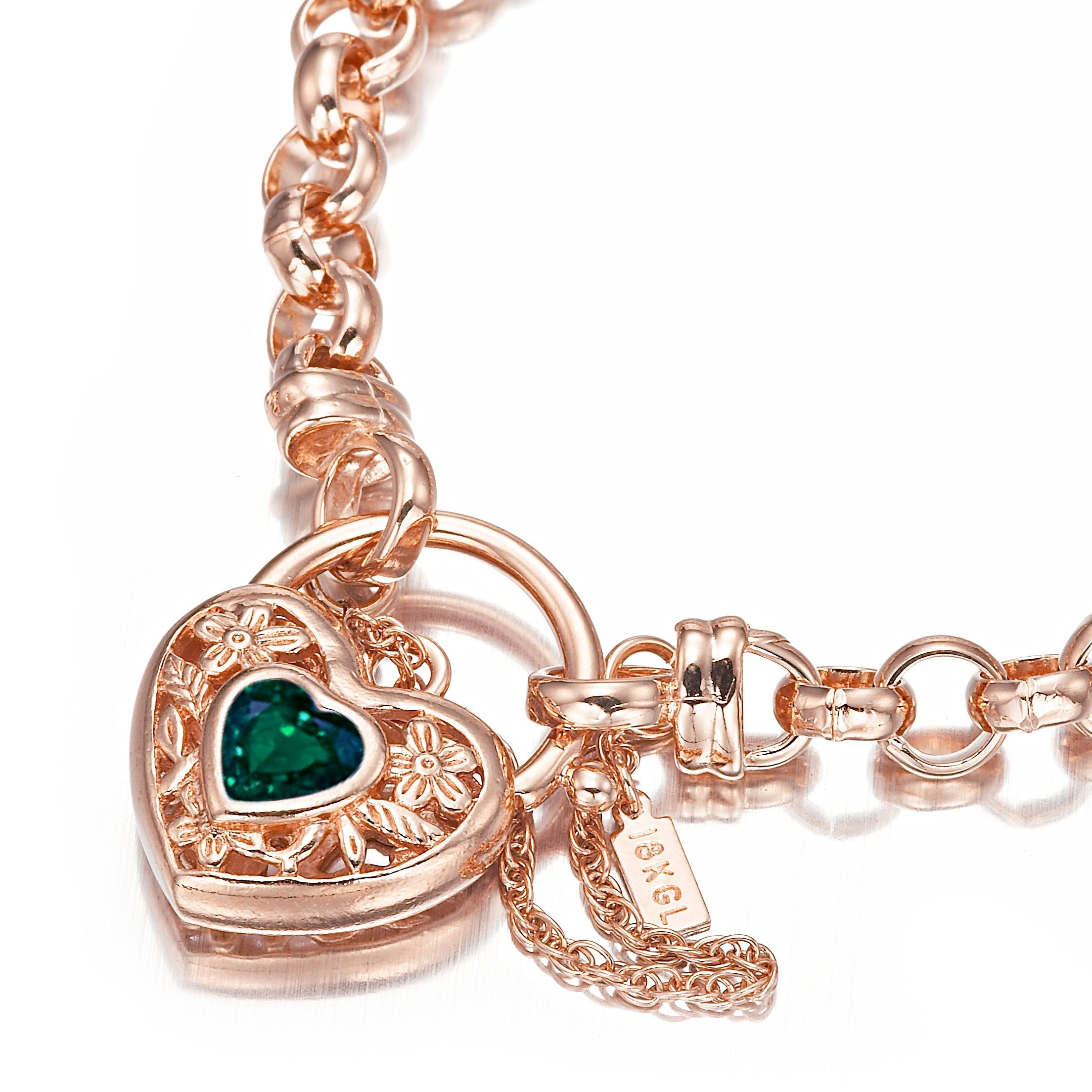 18ct Heavy Rose Gold Plated 6mm Belcher Chain Bracelet with a Green Filigree Locket - USA Made-2