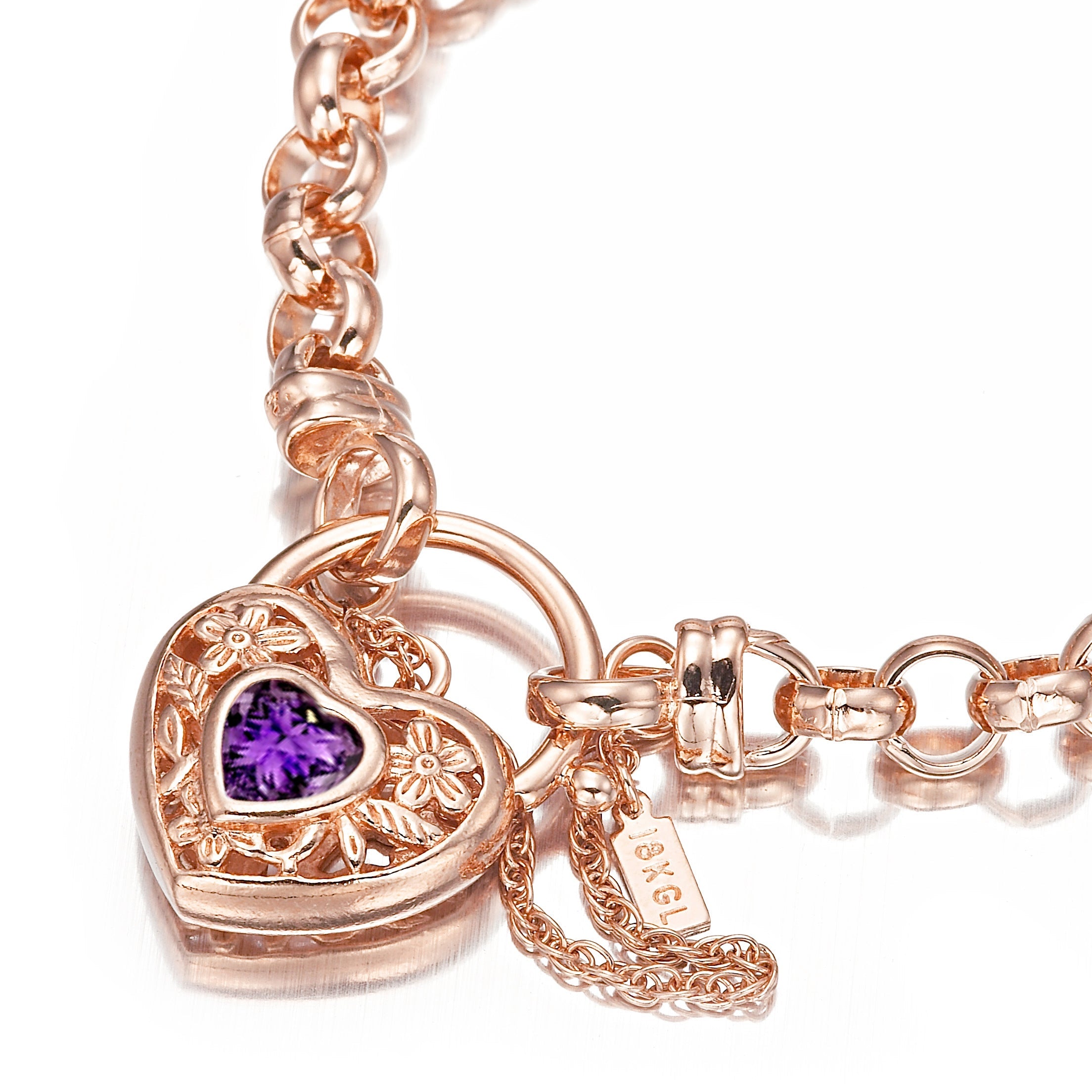 18ct Heavy Rose Gold Plated 6mm Belcher Chain Bracelet with a Purple Filigree Locket - USA Made-1