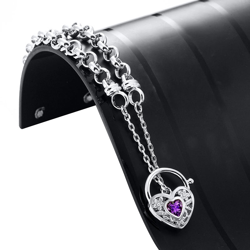 925 Sterling Silver Plated 6mm Belcher Chain Bracelet with a Purple Filigree Locket - USA Made-1