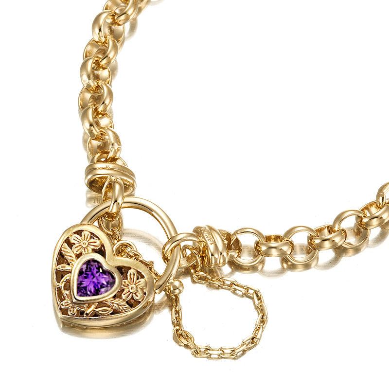 18ct Heavy Yellow Gold Plated 6mm Belcher Chain Bracelet with a Purple Filigree Locket - USA Made-2