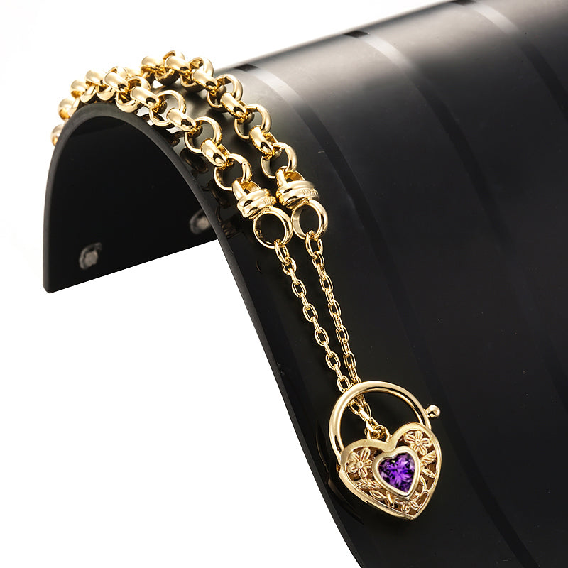 18ct Heavy Yellow Gold Plated 6mm Belcher Chain Bracelet with a Purple Filigree Locket - USA Made-1