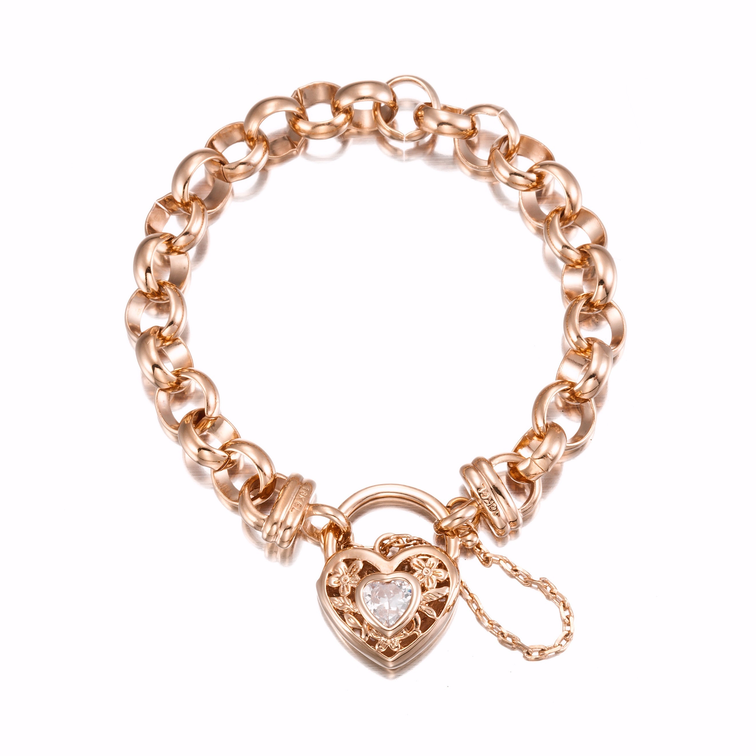 18ct Heavy Rose Gold Plated Belcher Chain Bracelet with a Filigree Locket Featuring a Simulated Diamond - USA Made-1