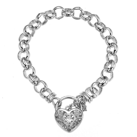 925 Sterling Silver Plated Belcher Chain Bracelet with a Filigree Locket Featuring a Simulated Diamond - USA Made-0