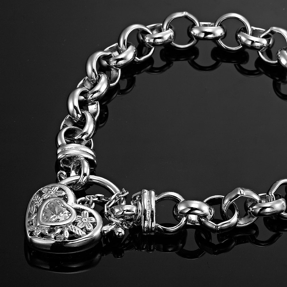 925 Sterling Silver Plated Belcher Chain Bracelet with a Filigree Locket Featuring a Simulated Diamond - USA Made-1