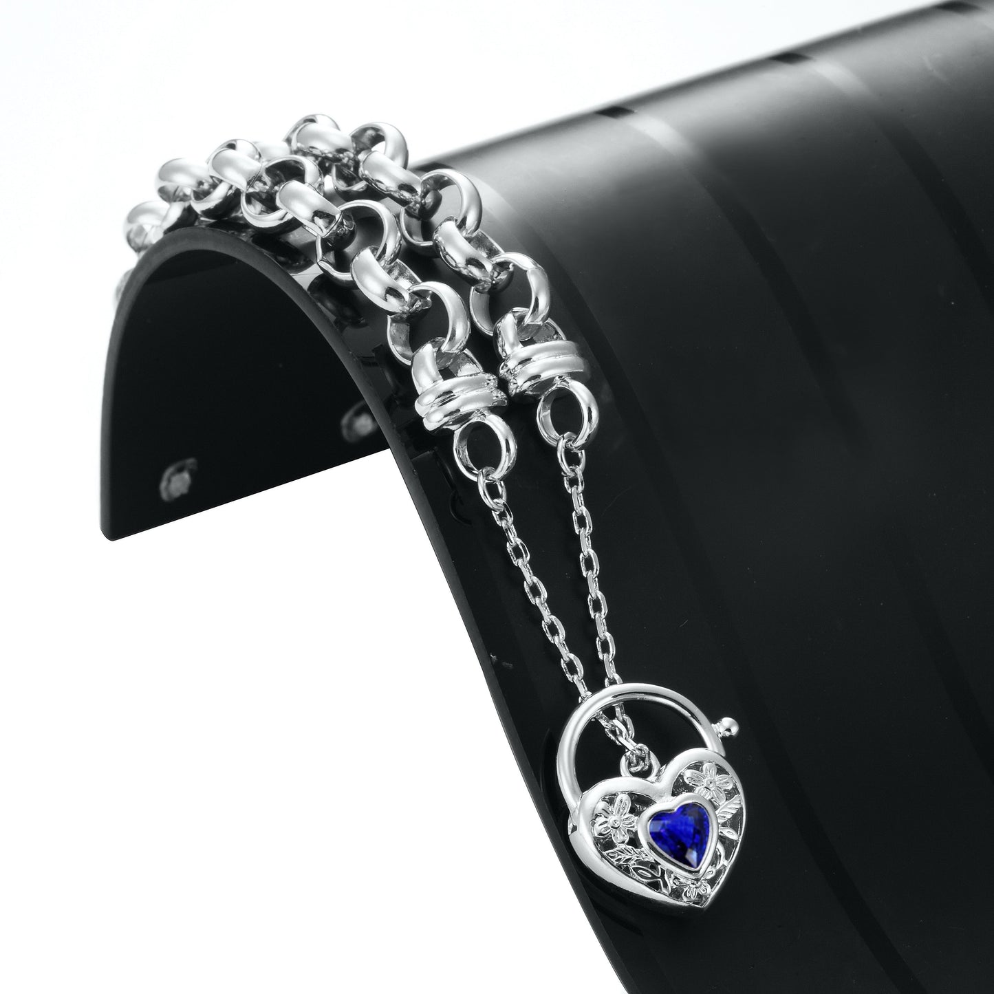 925 Sterling Silver Plated 10mm Belcher Chain Bracelet with a Dark Blue Filigree Locket - USA Made-2