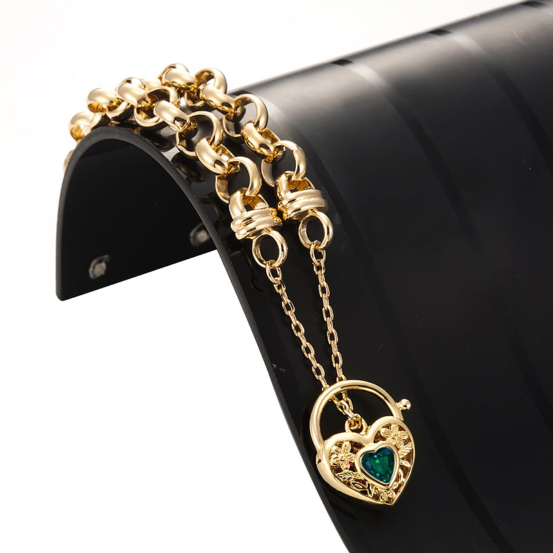 18ct Heavy Yellow Gold Plated 10mm Belcher Chain Bracelet with a Green Filigree Locket - USA Made-1