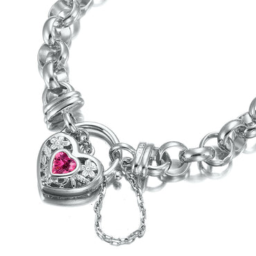 925 Sterling Silver Plated 10mm Belcher Chain Bracelet with a Pink Filigree Locket - USA Made-1