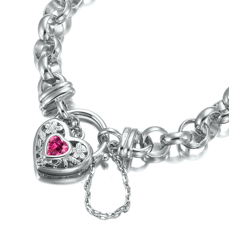 925 Sterling Silver Plated 10mm Belcher Chain Bracelet with a Pink Filigree Locket - USA Made-1