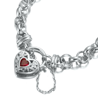 925 Sterling Silver Plated 10mm Belcher Chain Bracelet with a Filigree Locket Featuring a Simulated Ruby - USA Made-1