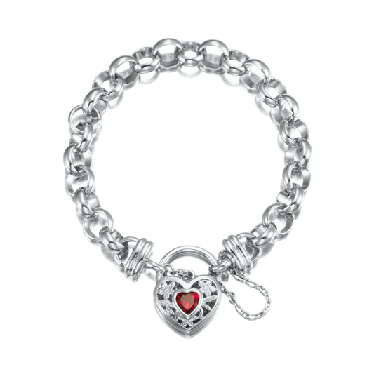 925 Sterling Silver Plated 10mm Belcher Chain Bracelet with a Filigree Locket Featuring a Simulated Ruby - USA Made-0
