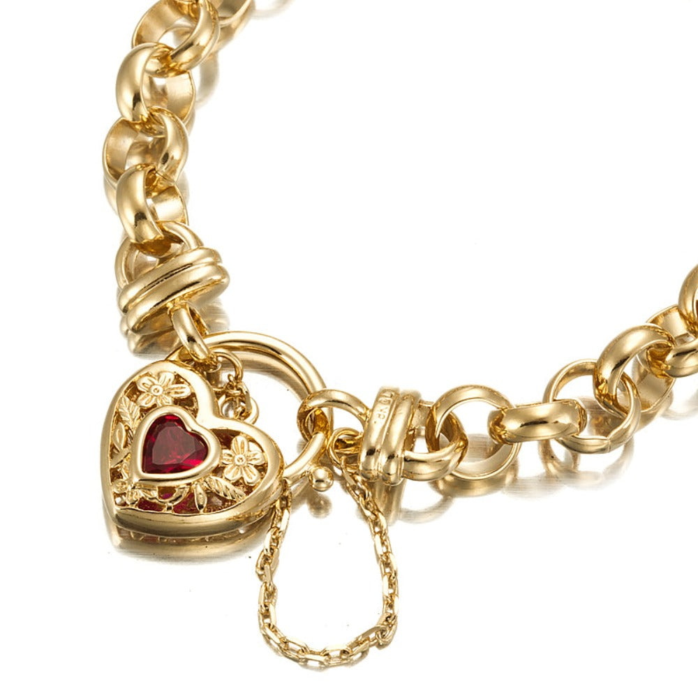 18ct Heavy Yellow Gold Plated 10mm Belcher Chain Bracelet with a Filigree Locket Featuring a Simulated Ruby - USA Made-0