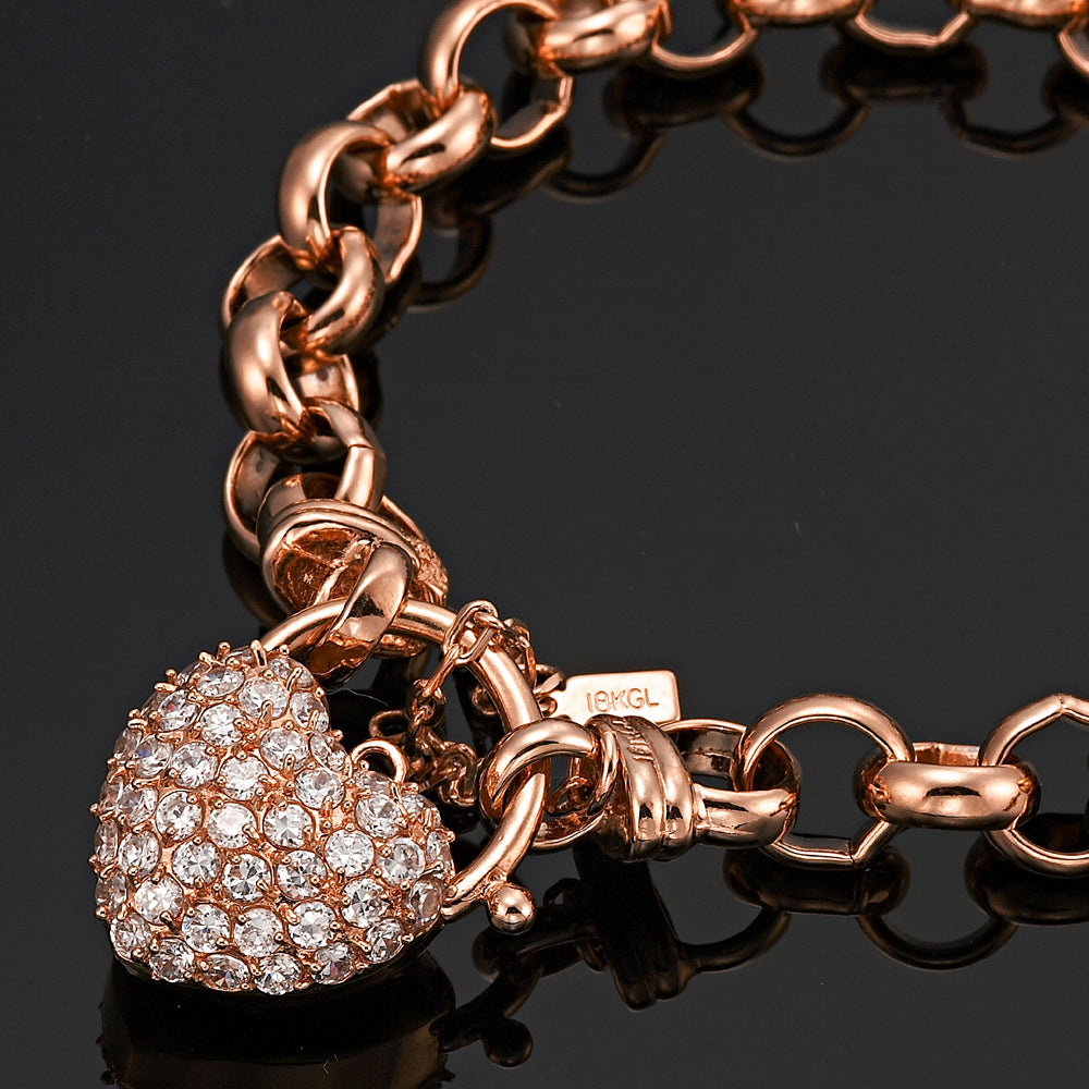 18ct Heavy Rose Gold Plated 10mm Belcher Chain Bracelet Featuring a Simulated Diamond Locket - USA Made-3