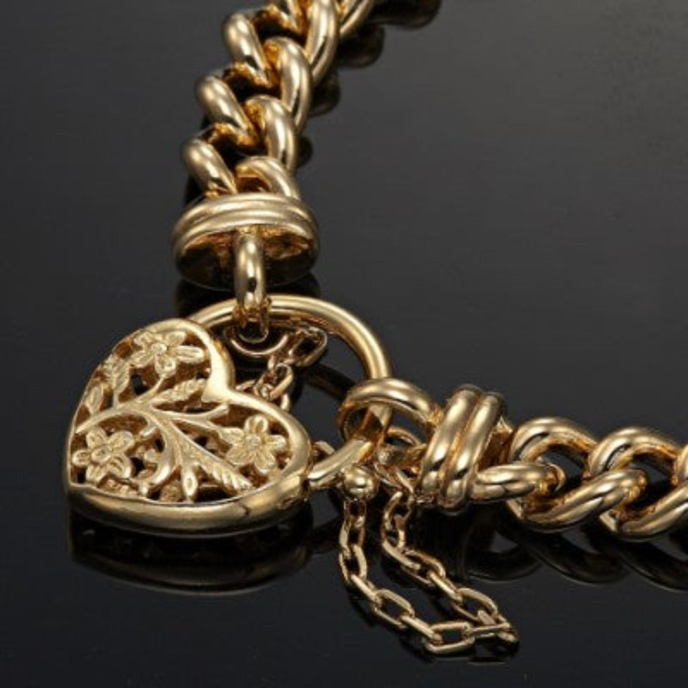 18ct Heavy Yellow Gold Plated Euro Chain Bracelet with a Filigree Locket - USA Made-3