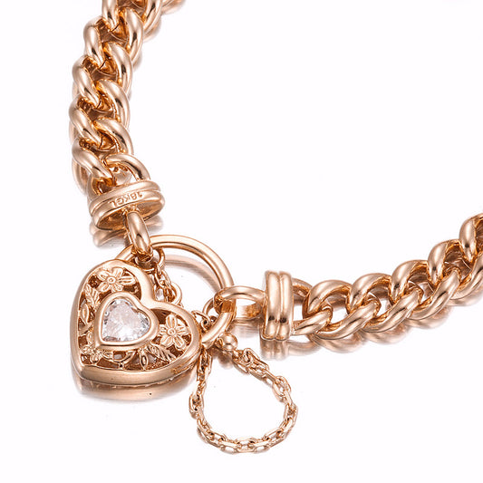 18ct Heavy Rose Gold Plated Euro Chain Bracelet with a Filigree Locket Featuring a Simulated Diamond - USA Made-0