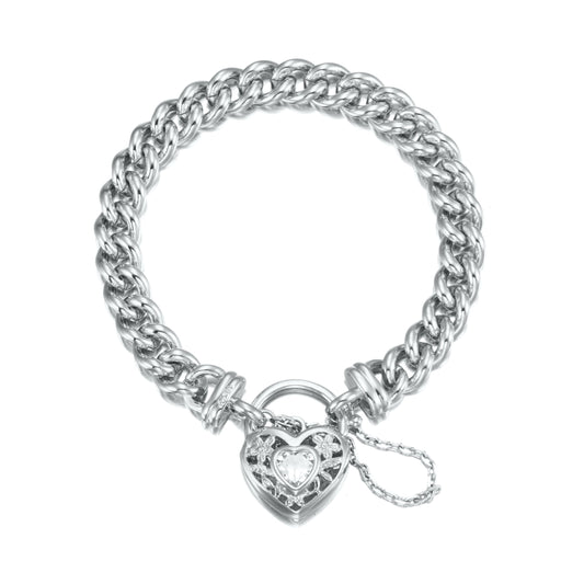 925 Sterling Silver Plated Euro Chain Bracelet with a Filigree Locket Featuring a Simulated Diamond - USA Made-0