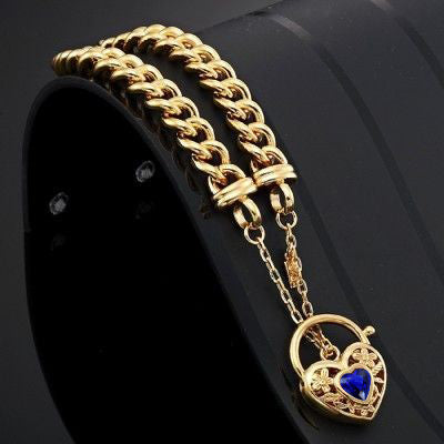 18ct Heavy Yellow Gold Plated Euro Chain Bracelet with a Dark Blue Filigree Locket - USA Made-1