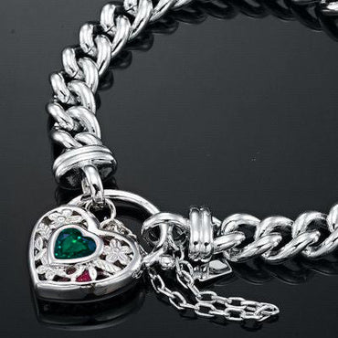 925 Sterling Silver Plated Euro Chain Bracelet with a Green Filigree Locket - USA Made-1