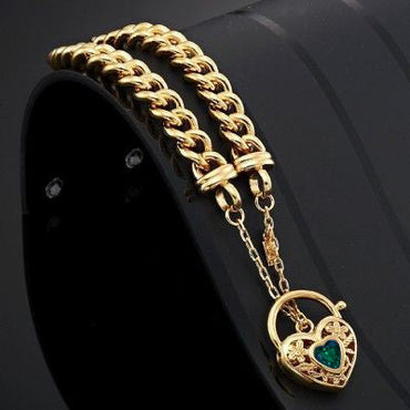 18ct Heavy Yellow Gold Plated Euro Chain Bracelet with a Green Filigree Locket - USA Made-1