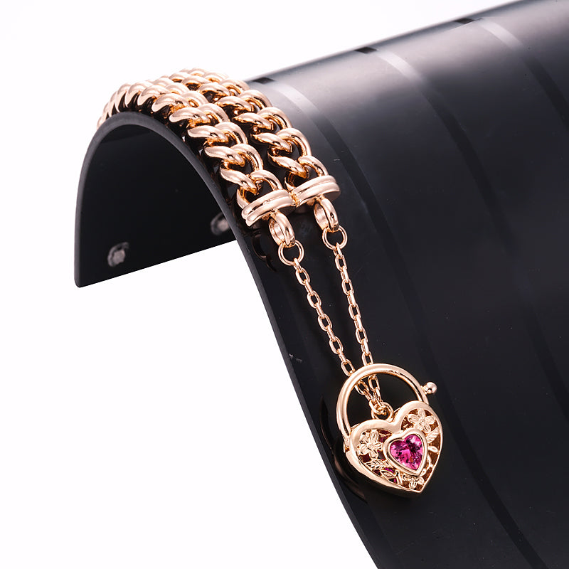 18ct Heavy Rose Gold Plated Euro Chain Bracelet with a Pink Filigree Locket - USA Made-1