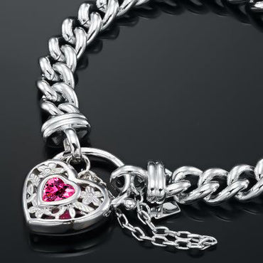 925 Sterling Silver Plated Euro Chain Bracelet with a Pink Filigree Locket - USA Made-1