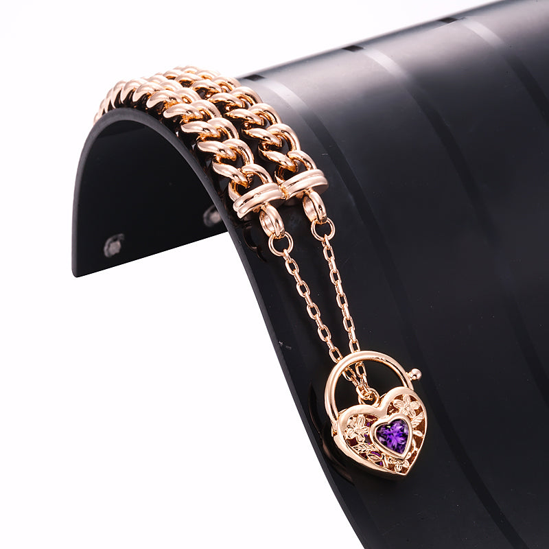 18ct Heavy Rose Gold Plated Euro Chain Bracelet with a Purple Filigree Locket - USA Made-2