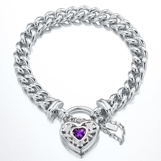 925 Sterling Silver Plated Euro Chain Bracelet with a Purple Filigree Locket - USA Made-0