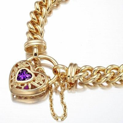 18ct Heavy Yellow Gold Plated Euro Chain Bracelet with a Purple Filigree Locket - USA Made-2