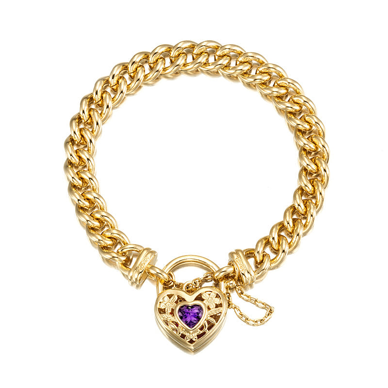 18ct Heavy Yellow Gold Plated Euro Chain Bracelet with a Purple Filigree Locket - USA Made-0