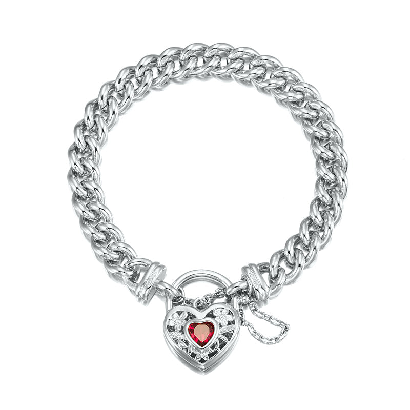 925 Sterling Silver Plated Euro Chain Bracelet with a Filigree Locket Featuring a Simulated Ruby - USA Made-3