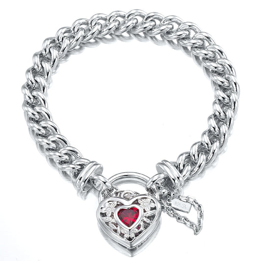 925 Sterling Silver Plated Euro Chain Bracelet with a Filigree Locket Featuring a Simulated Ruby - USA Made-0