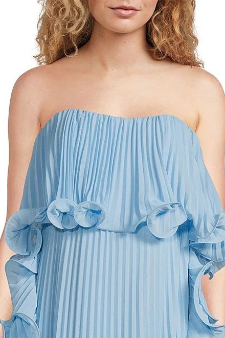 Badgley Mischka Strapless Back Concealed Zip Hook Ruffled Pleated Chiffon Shift Gown Silhouette Dress-2